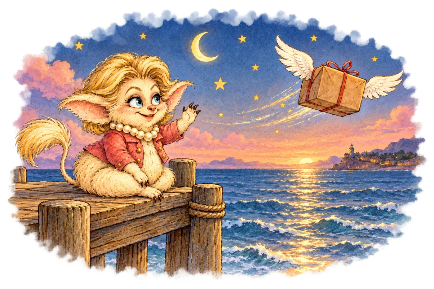 Ursula waving from a wooden dock at sunset as a winged parcel flies off across the sea.