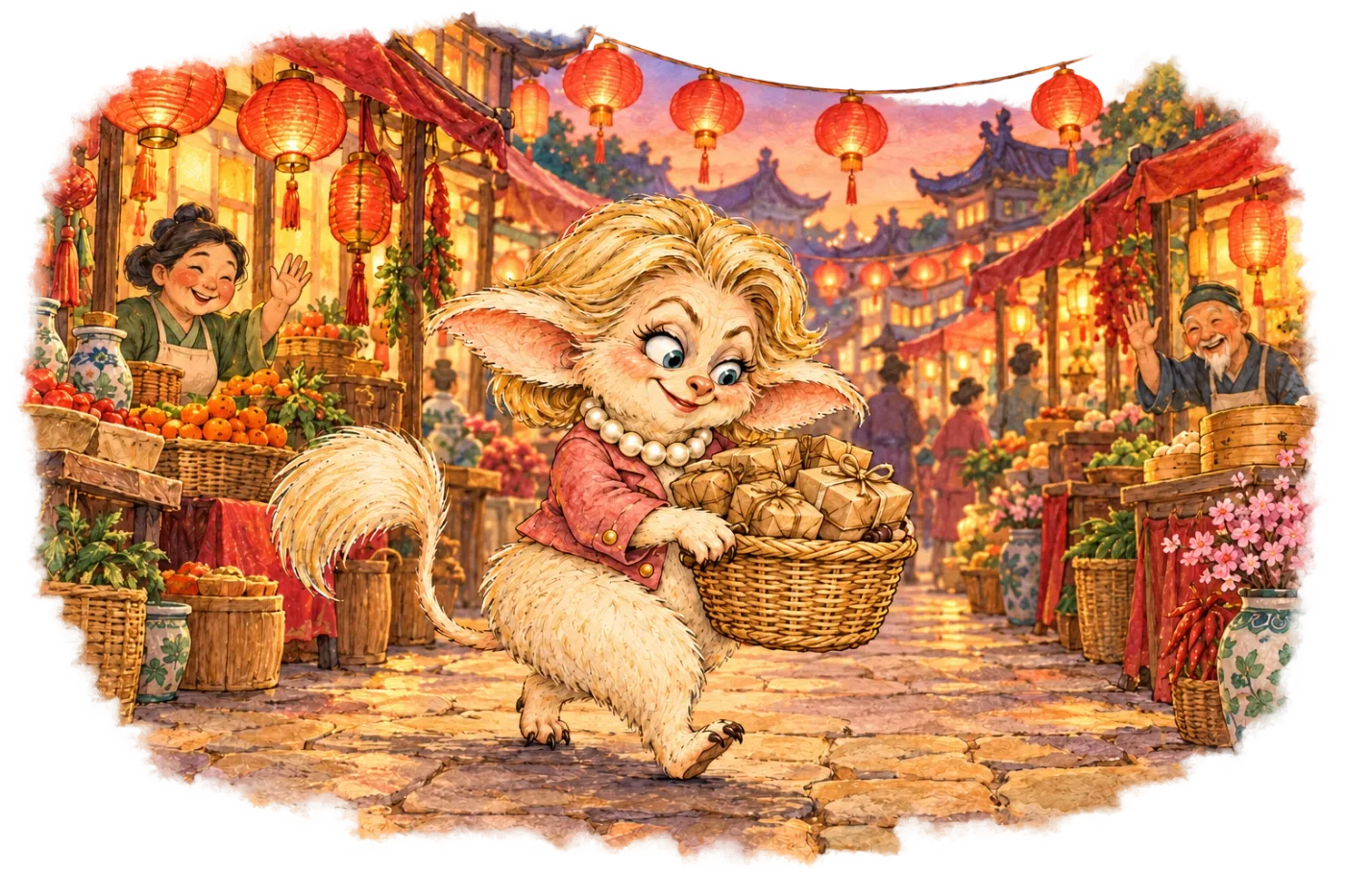 Ursula strolling through a lantern-lit Chinese market with a basket full of parcels while shopkeepers wave.