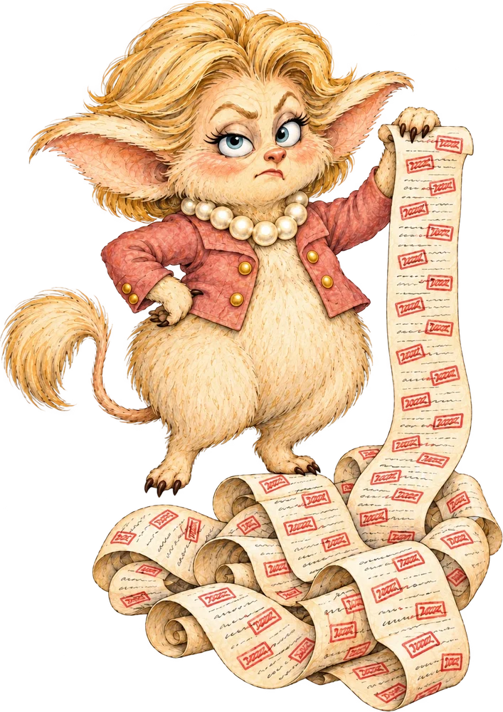 Ursula, unimpressed, holding up an endless receipt covered in red fee stamps that piles up at her feet.