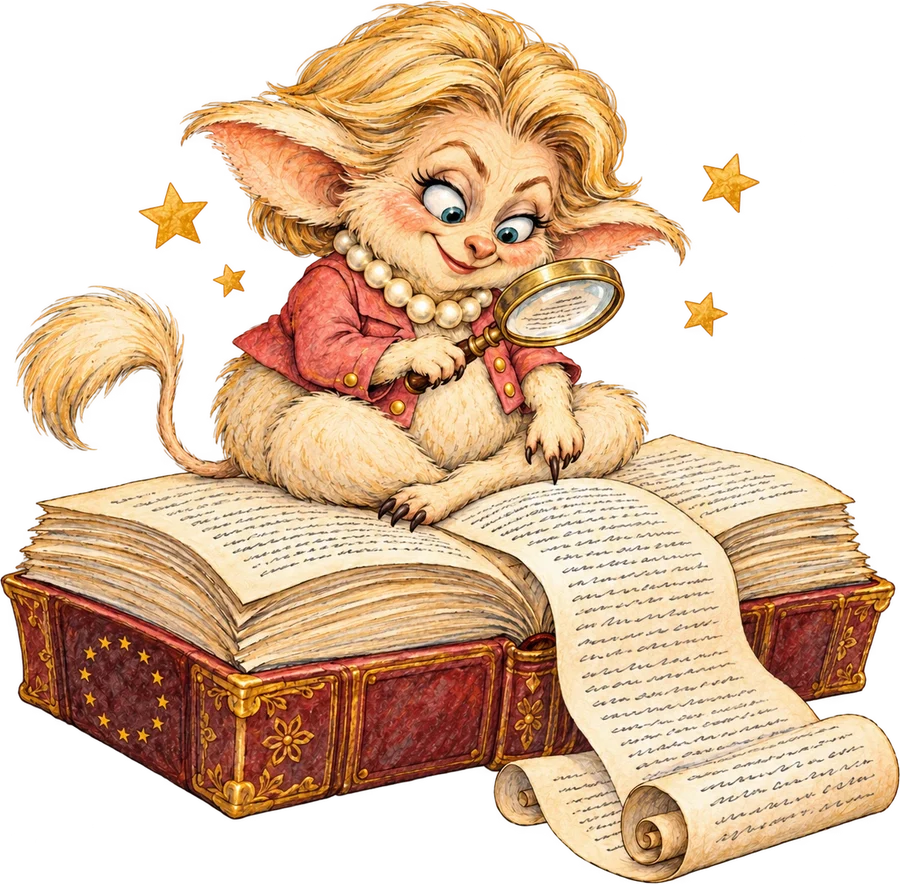 Ursula sitting on a huge EU rulebook, reading the small print through a magnifying glass with a smug grin.