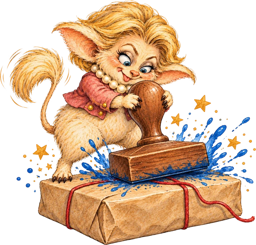 Ursula, a cream-furred creature with a blonde bob, pearls and a pink jacket, gleefully slamming a giant rubber stamp onto a parcel.
